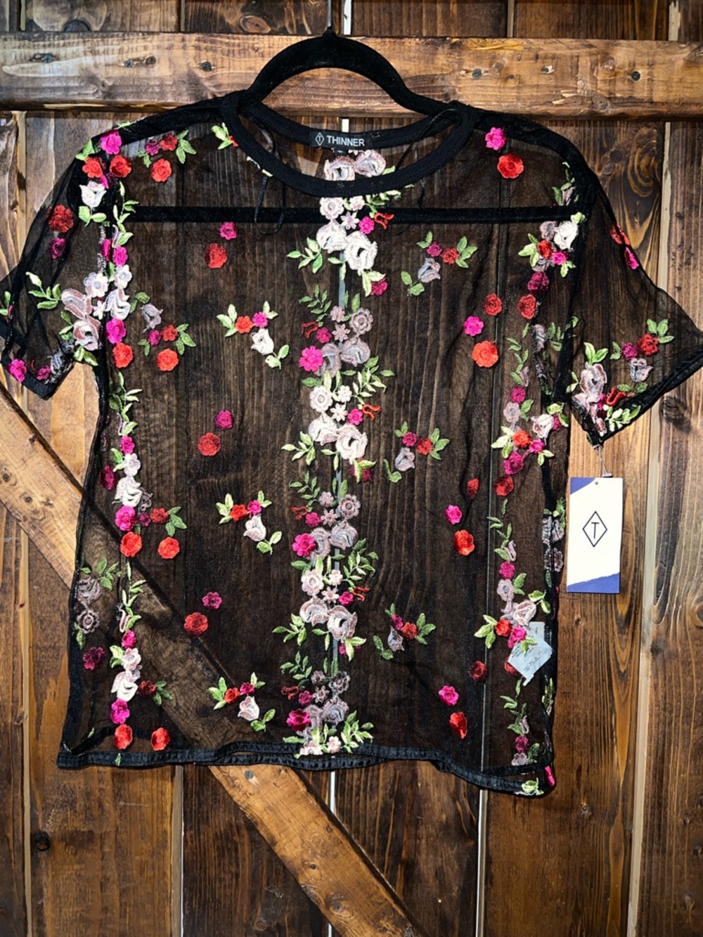 Black Sheer Floral Embroidered Short Sleeve Tee